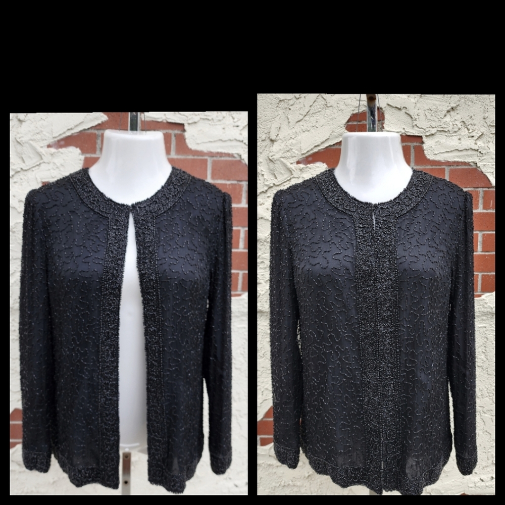 MEDIUM women Lawrence Kazar Black Beads Evening Cocktail Party Jacket 100% SILK